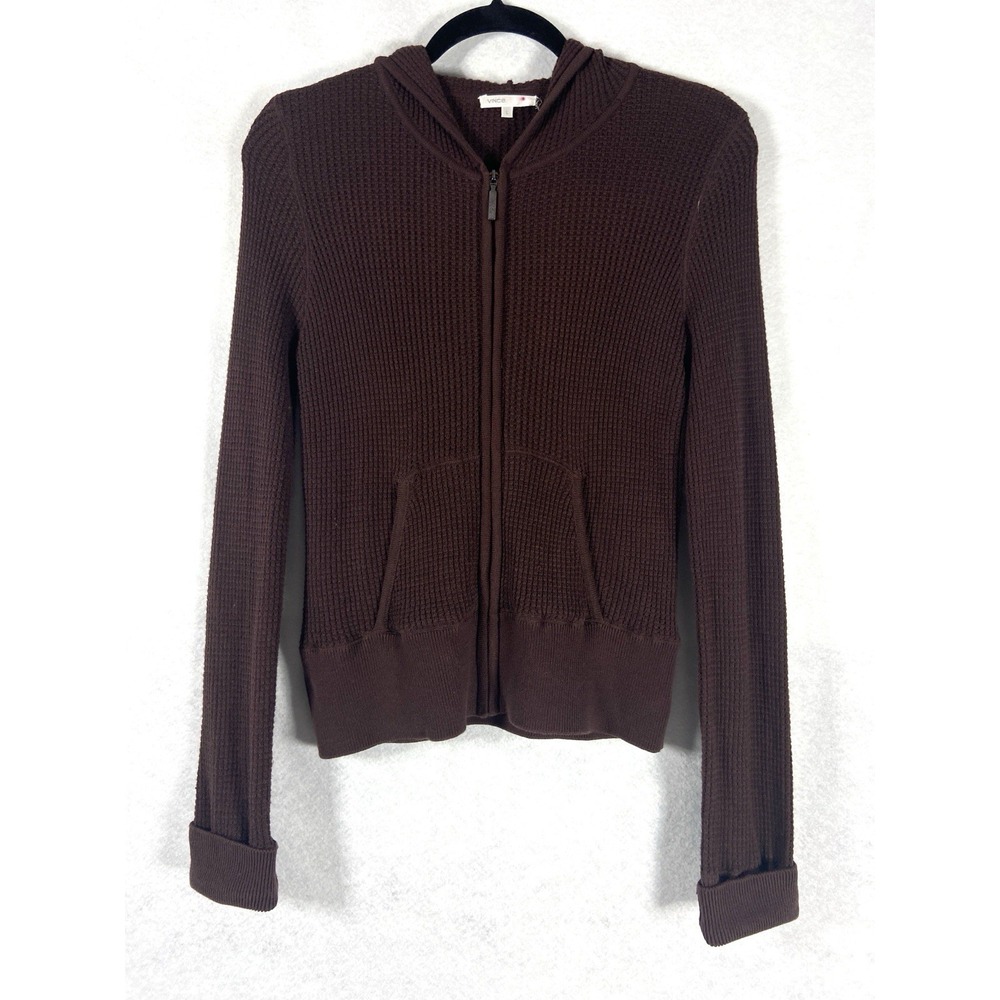 Vince Women's Waffle Knit Hooded Jacket Size Large Brown 100% Cotton Full Zip